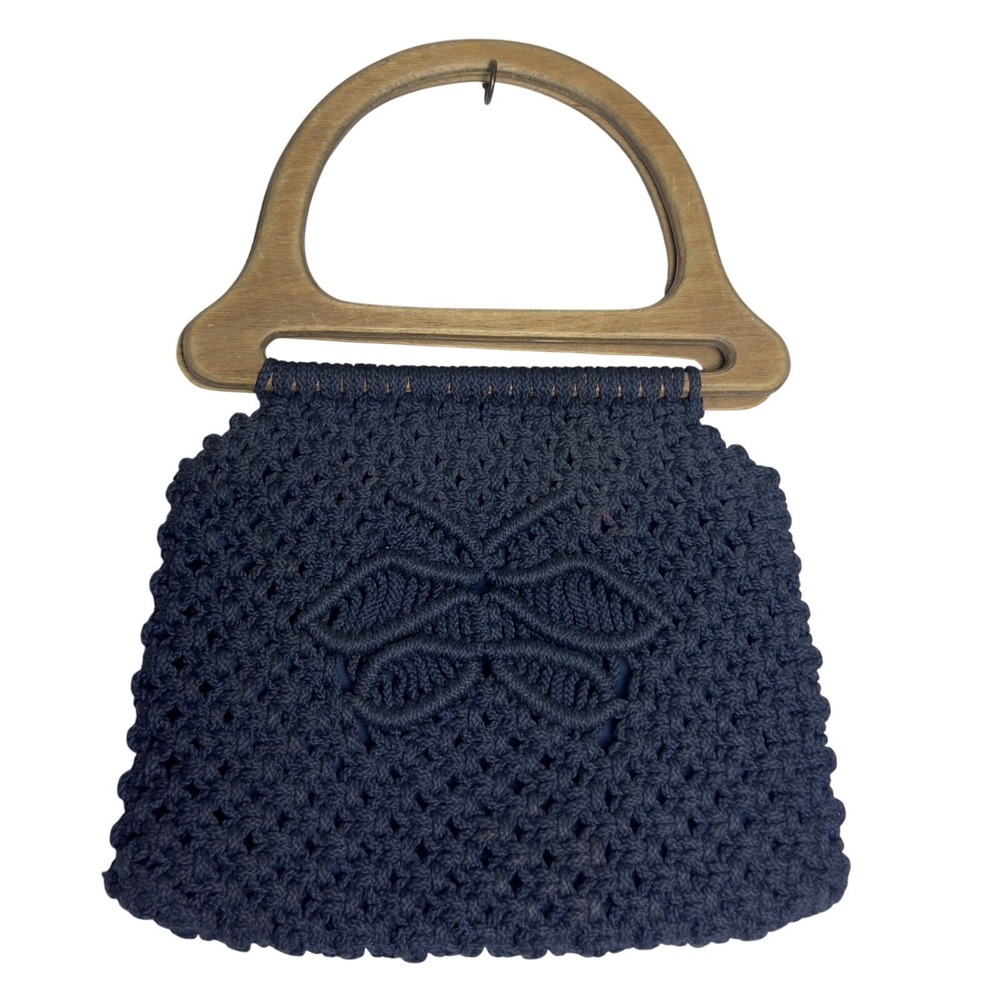 Crochet Top Handle Bag Wooden Handles Navy Blue Butterfly Lined Small Casual